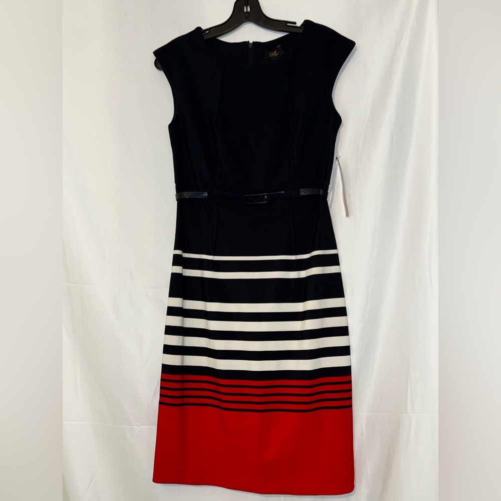 I LE New York Navy Belted Stripe Dress